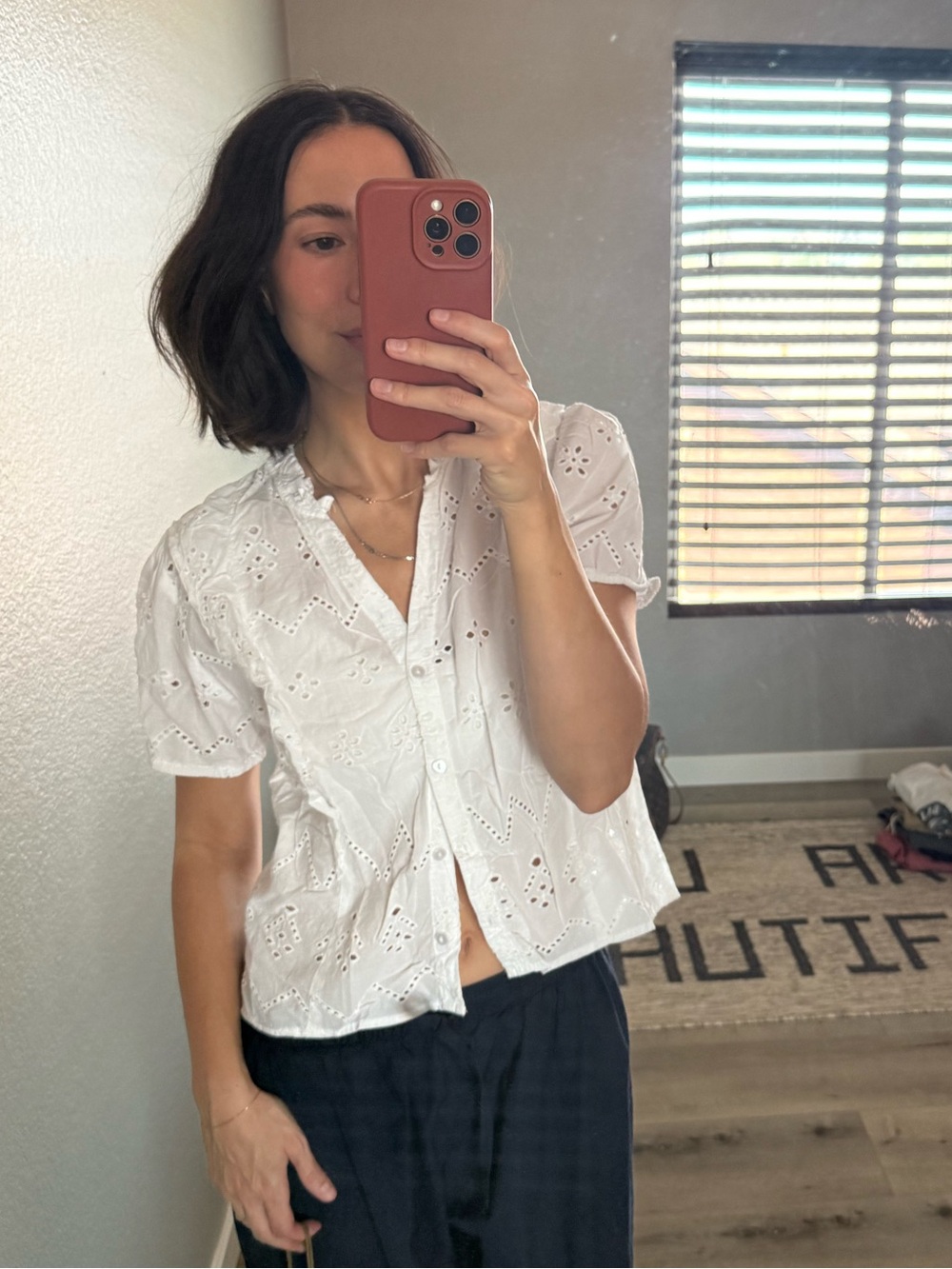 Anthropologie White Eyelet Button-Up Short Sleeve Blouse